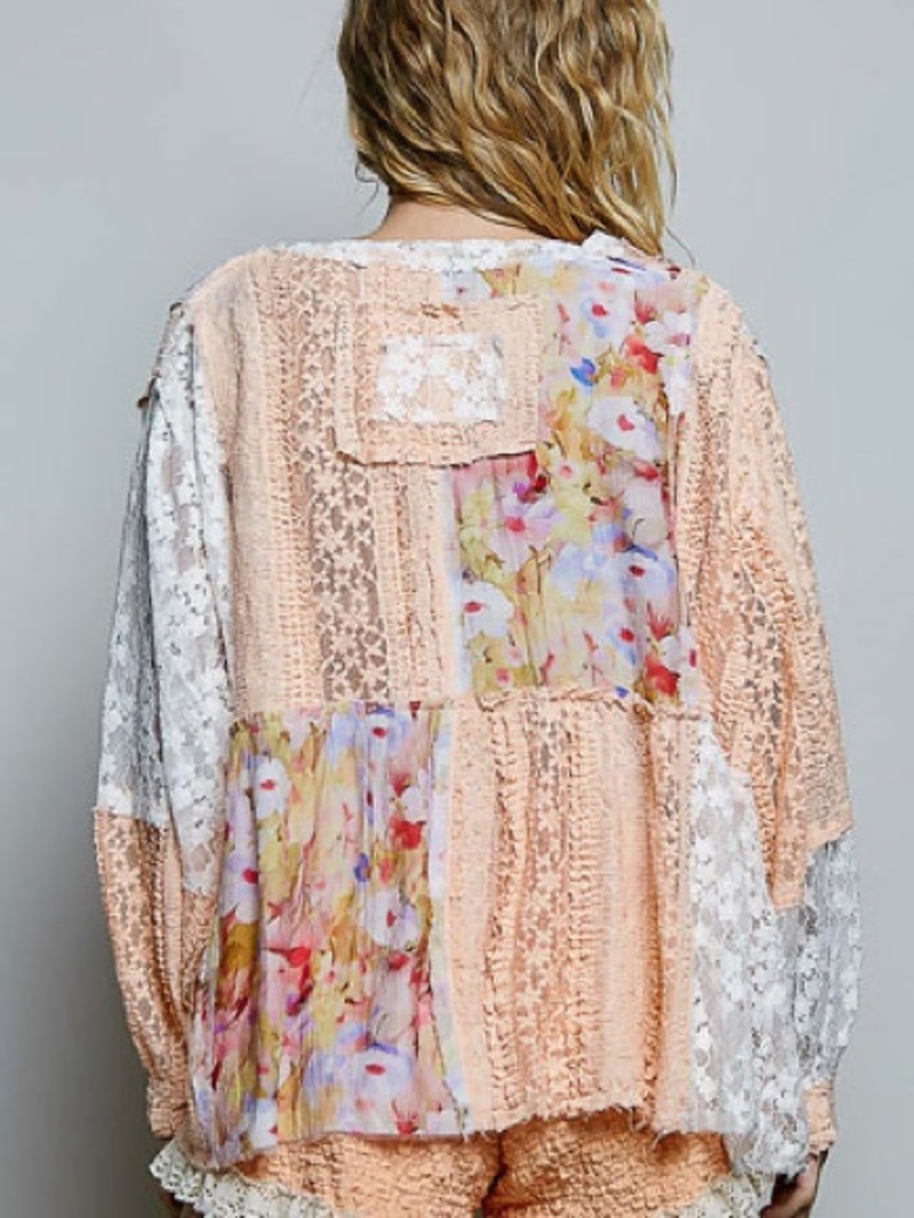 POL Bohemian Mixed Lace Printed Top Apricot Multi Relaxed Silhouette Top - Picture 3 of 6